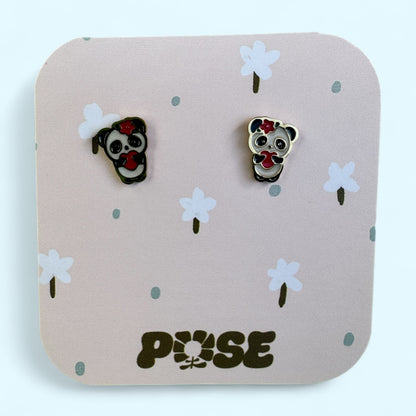 Boucles d'oreille puce Mini Panda coeur