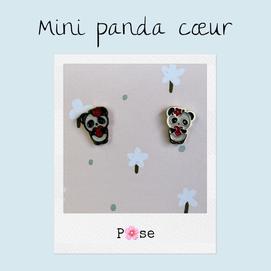 Boucles d'oreille puce Mini Panda coeur